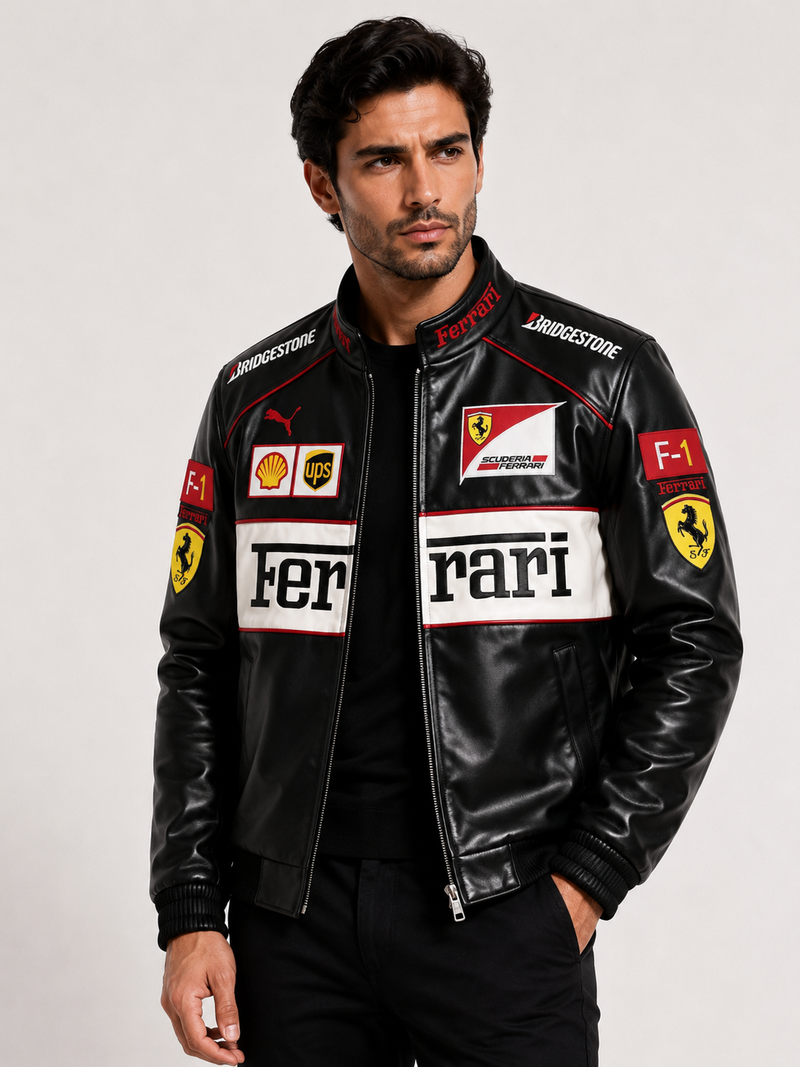 Ferreri Black And White Scuderia Racing Premium Leather Jacket