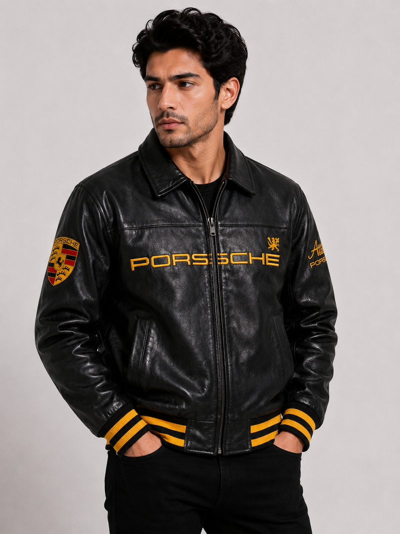 Porsche Black & Gold Heritage Racing Premium Leather Jacket