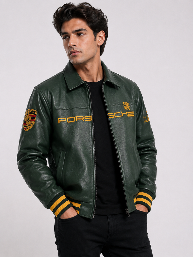 Porsche Green & Gold Emerald Racing Premium Leather Jacket