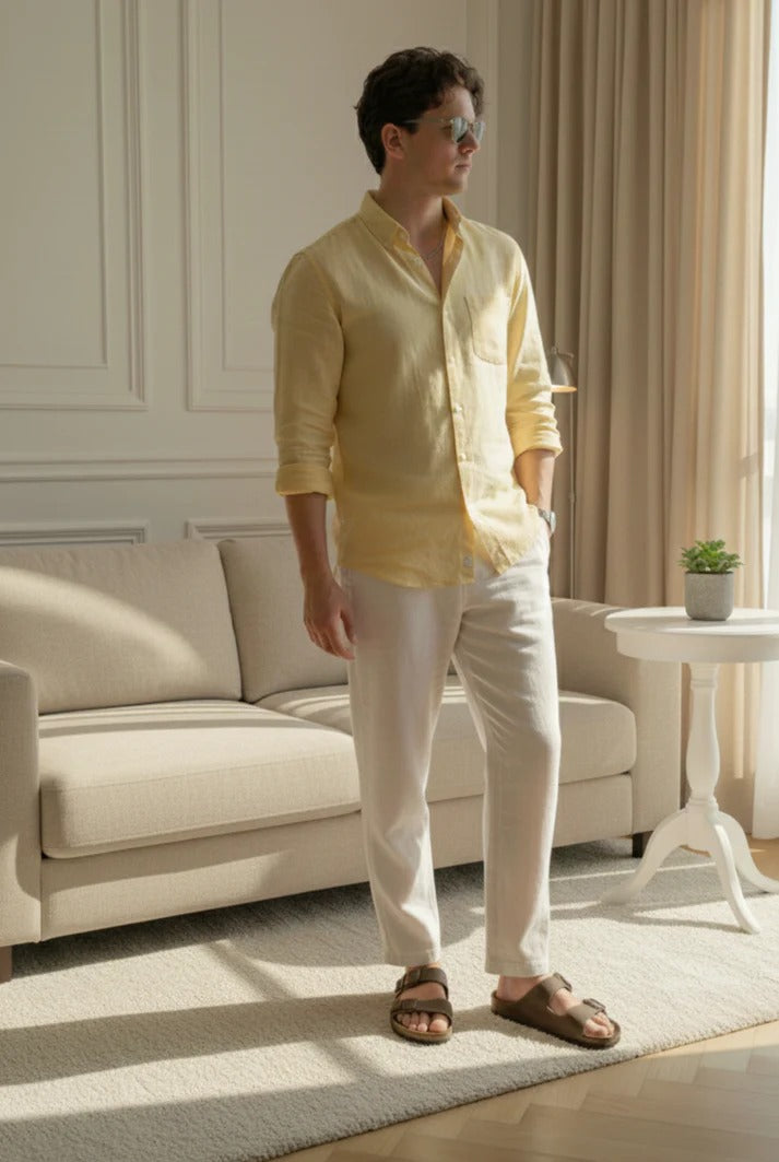 Pastel Yellow Linen Shirt with Off-White Linen Pants – Premium Summer Combo