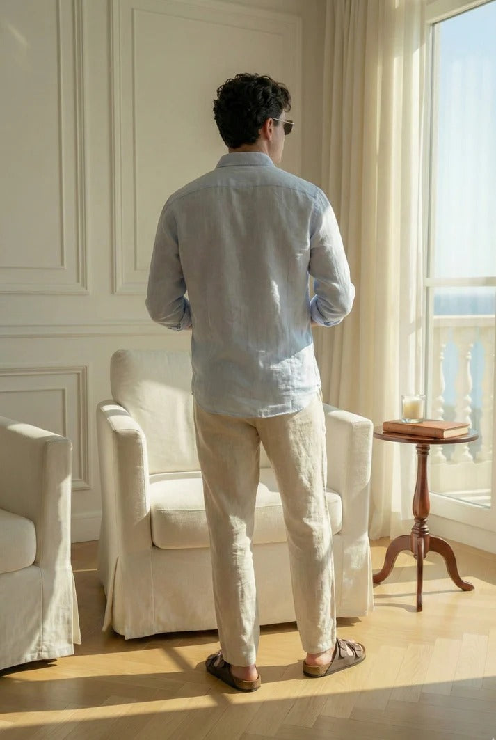 Sky Blue Linen Shirt with Off-White Linen Pants – Premium Summer Combo