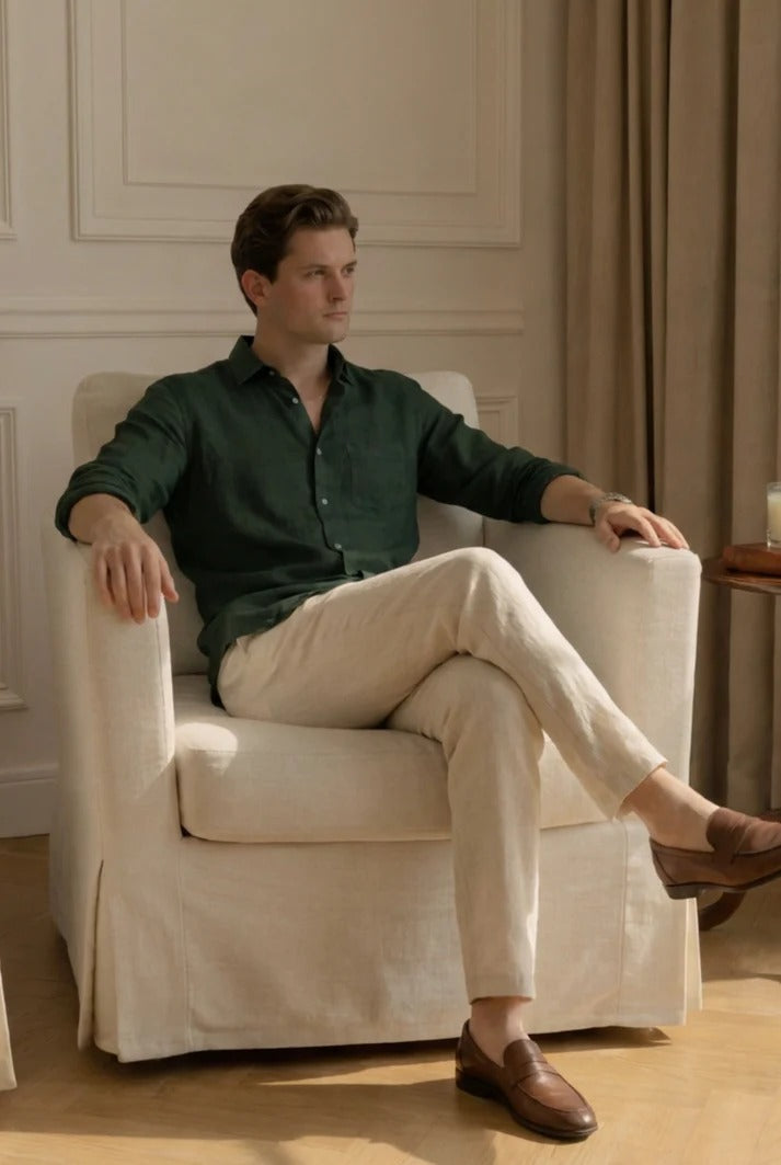 Forest Green Linen Shirt with Off-White Linen Pants – Premium Summer Combo