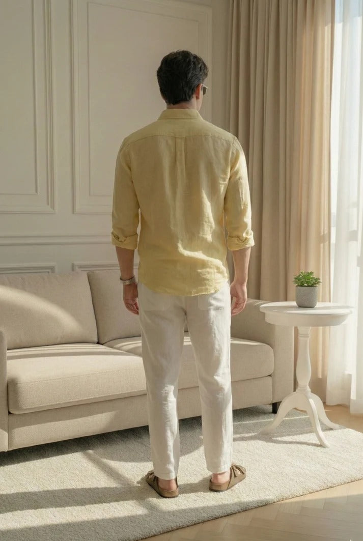 Pastel Yellow Linen Shirt with Off-White Linen Pants – Premium Summer Combo