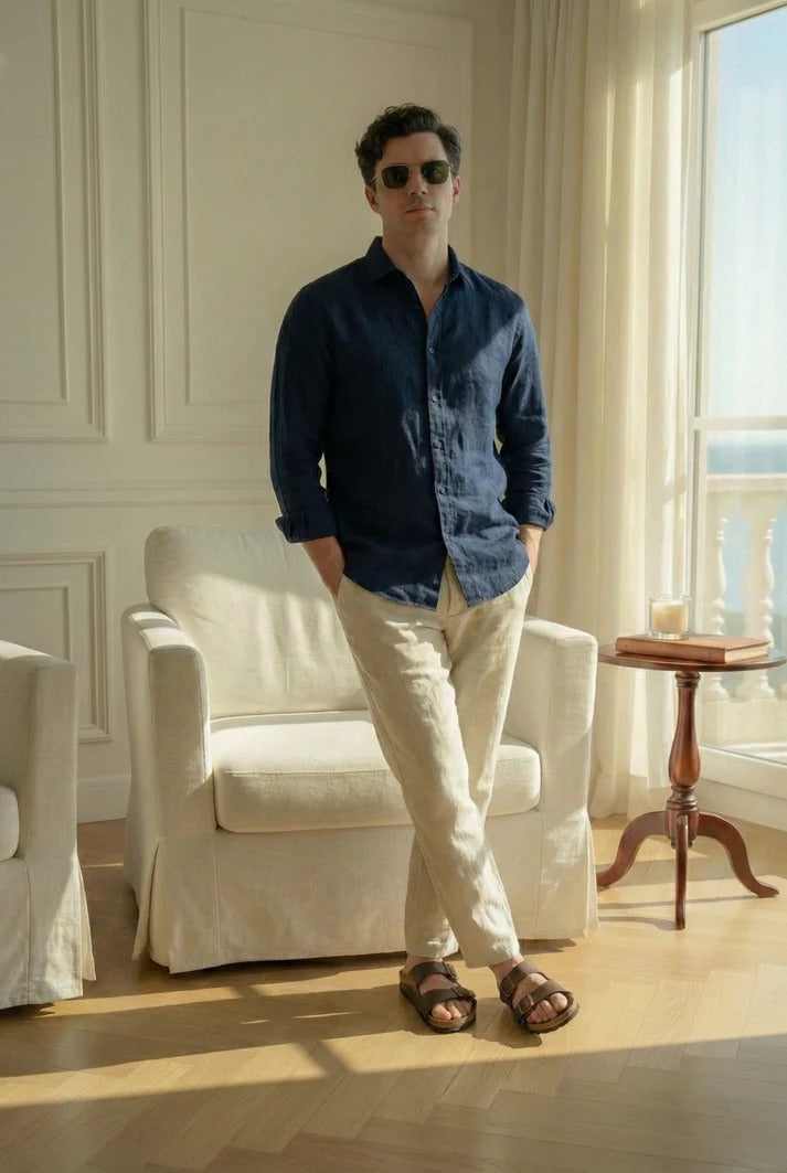 Navy Blue Linen Shirt with Off-White Linen Pants – Premium Summer Combo