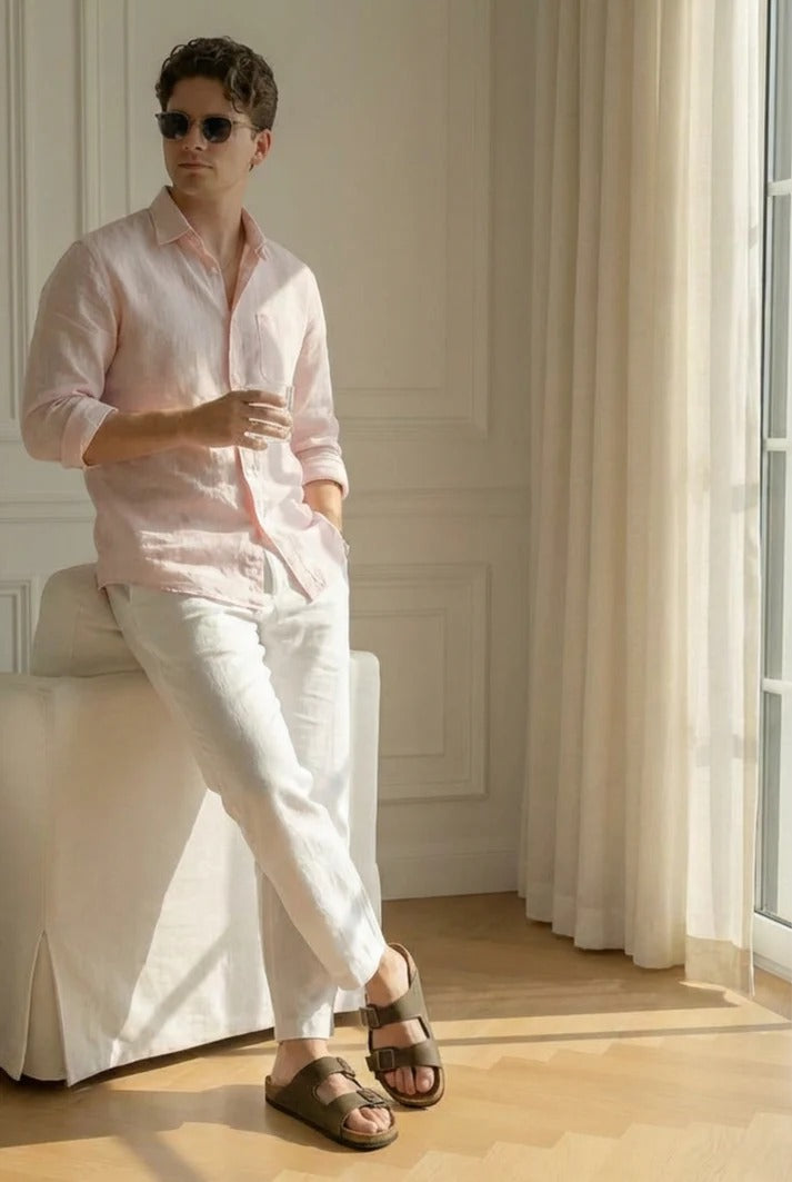 Blush Pink Linen Shirt with Off-White Linen Pants – Elegant Summer Combo