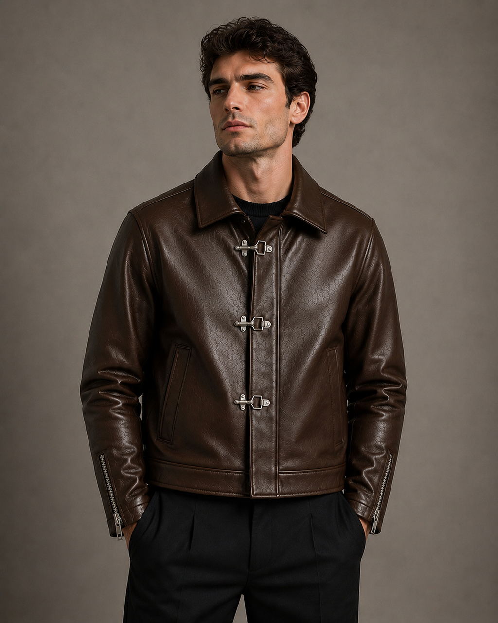 City Apparel Premium Brown Leather Jacket for Men | Classic Toggle Closure | Regular Fit
