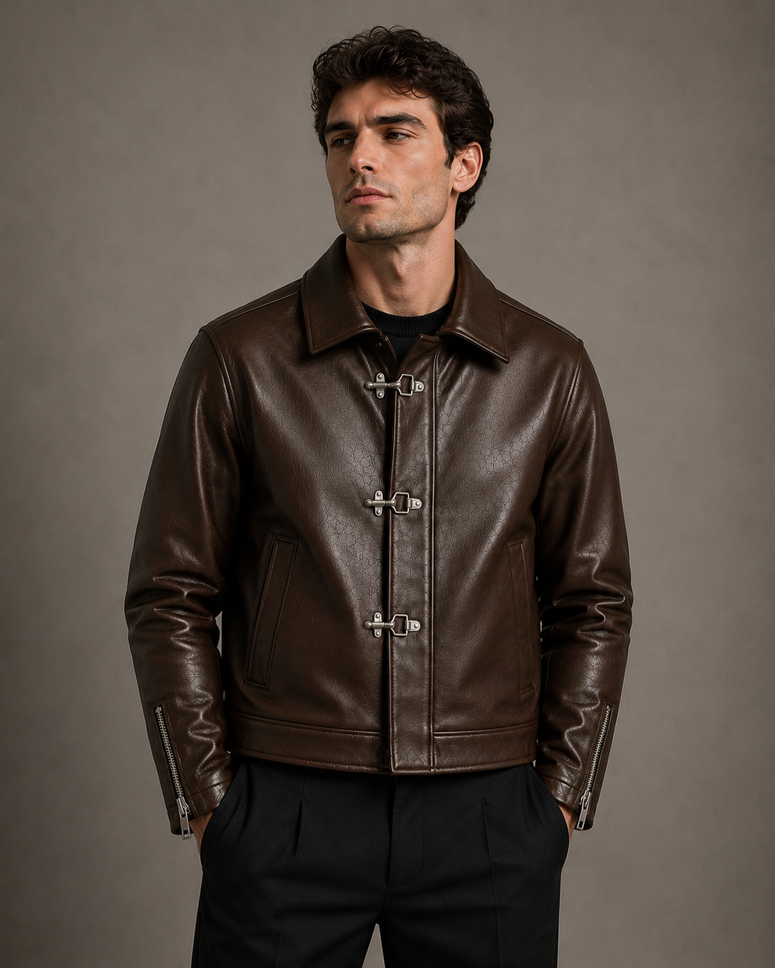 City Apparel Premium Brown Leather Jacket for Men | Classic Toggle Closure | Regular Fit