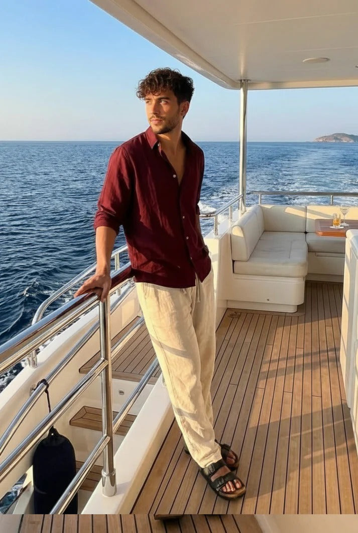 Wine Red Linen Shirt with Beige Linen Pants – Premium Summer Combo