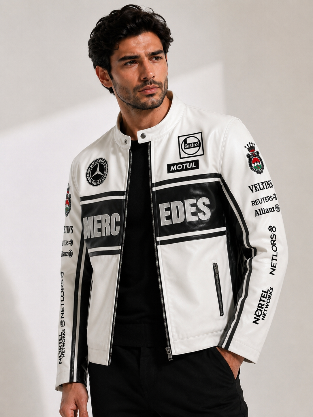 Mercedes White & Black Leather Jacket Motorsport-Inspired