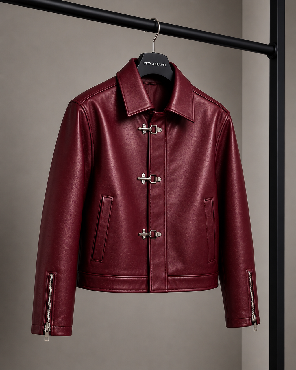City Apparel Premium Maroon Leather Jacket for Men | Classic Toggle Closure | Regular Fit