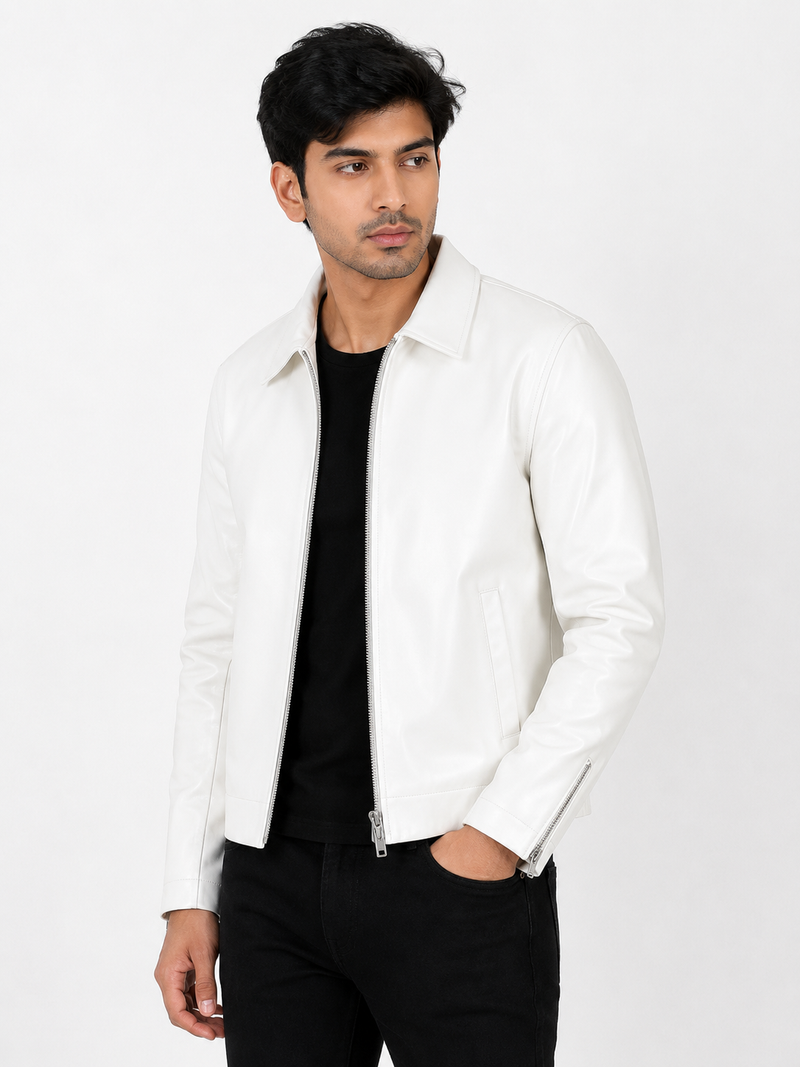 Classic Milky White Collar Leather Jacket – City Apparel Premium Collection.