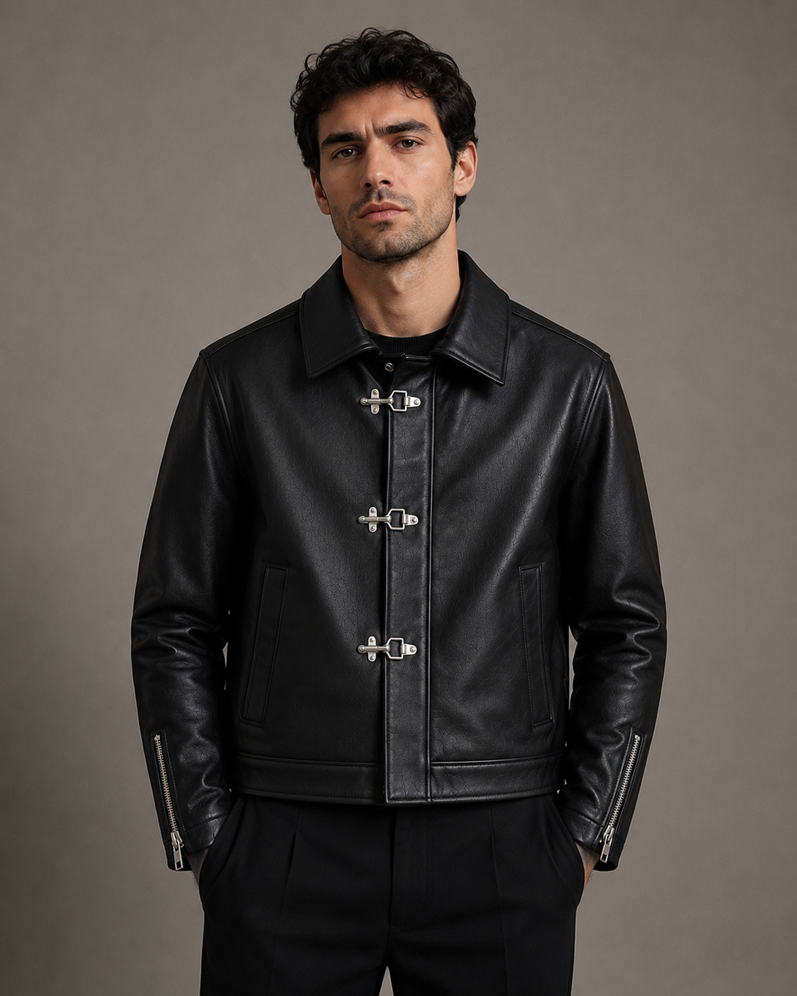 City Apparel Premium Black Leather Jacket for Men | Classic Toggle Closure | Regular Fit