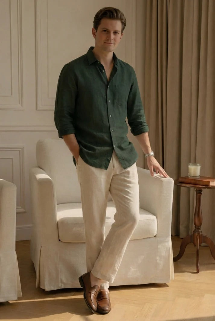 Forest Green Linen Shirt with Off-White Linen Pants – Premium Summer Combo