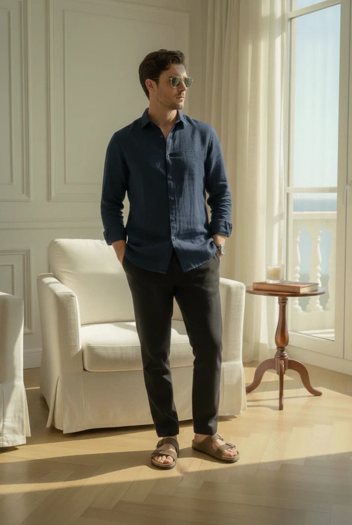 Navy Blue Linen Shirt with Black Linen Pants – Premium Smart Casual Combo