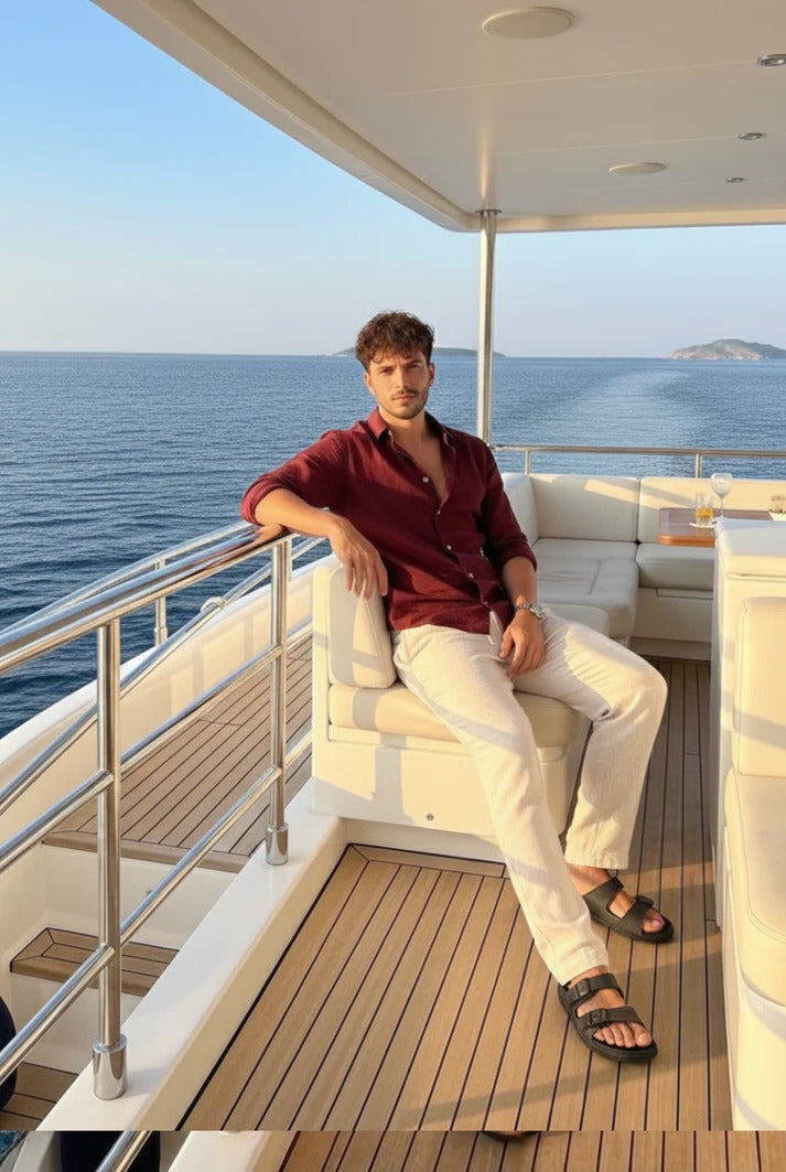 Wine Red Linen Shirt with Beige Linen Pants – Premium Summer Combo