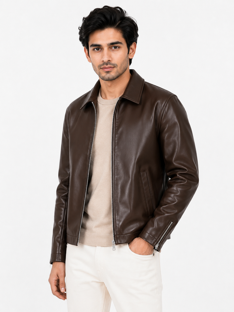 Classic Chocolate Brown Unisex Collar Leather Jacket – City Apparel Premium Collection.