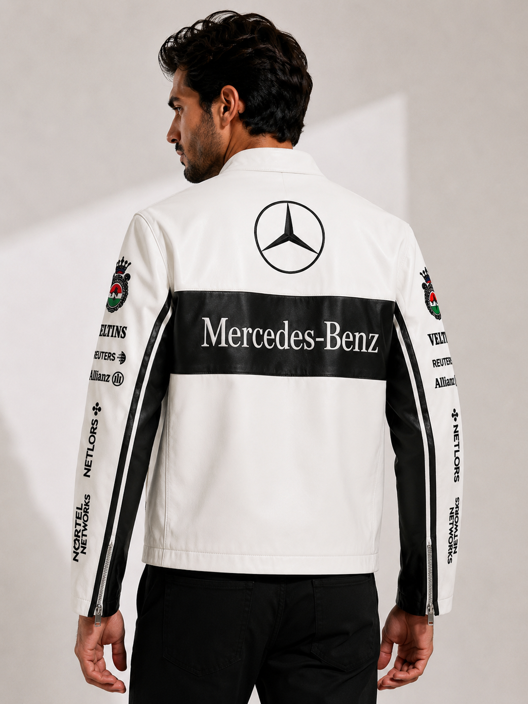 Mercedes White & Black Leather Jacket Motorsport-Inspired