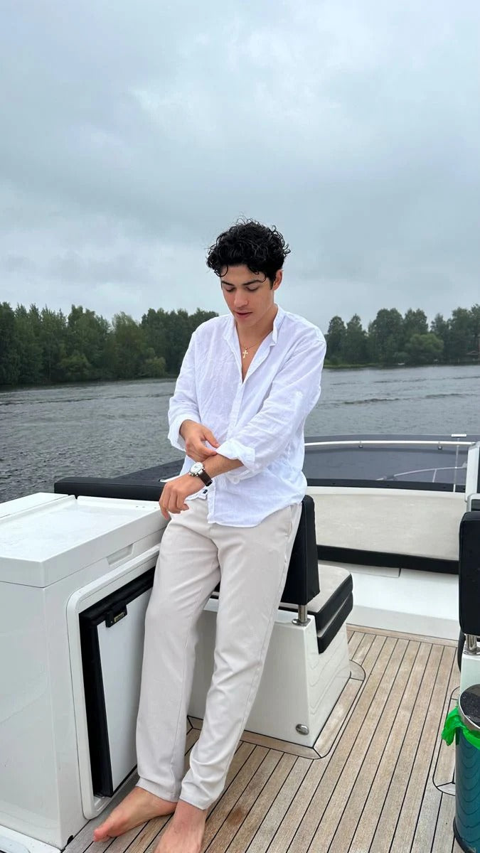 Classic White Linen Shirt with Cream Linen Pants – Premium Summer Combo