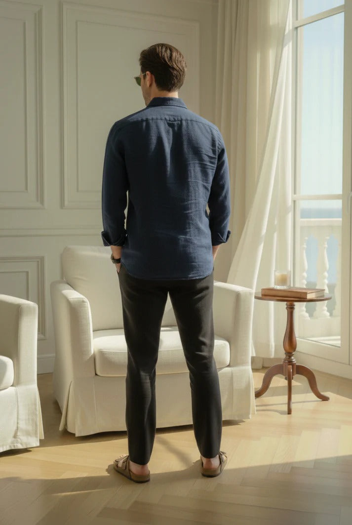 Navy Blue Linen Shirt with Black Linen Pants – Premium Smart Casual Combo