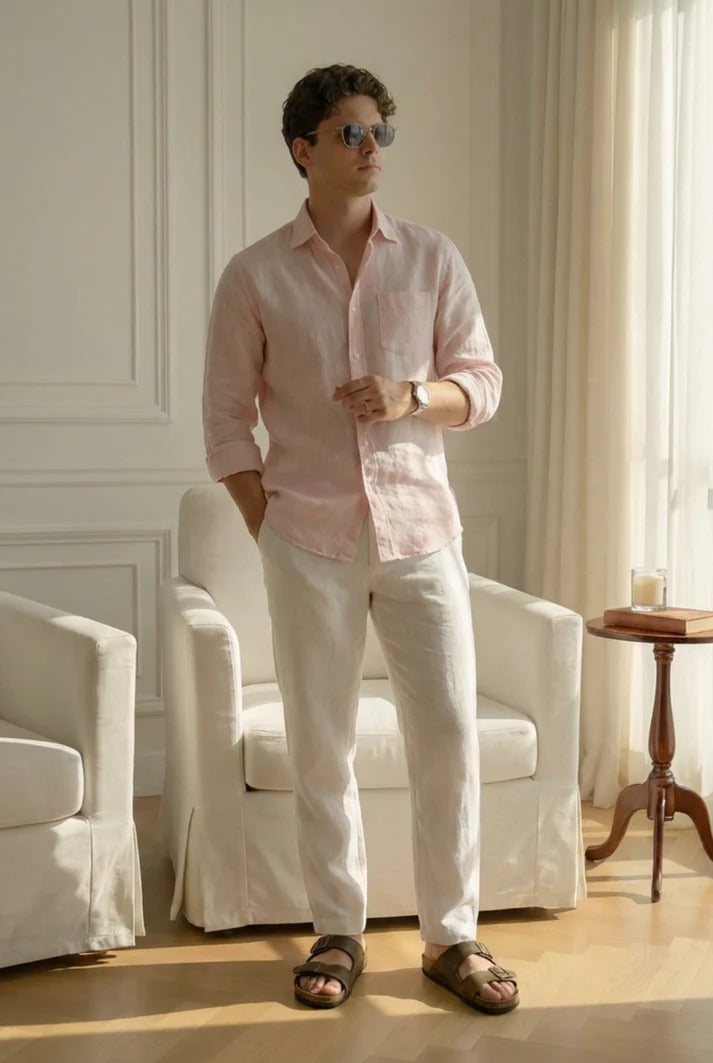 Blush Pink Linen Shirt with Off-White Linen Pants – Elegant Summer Combo