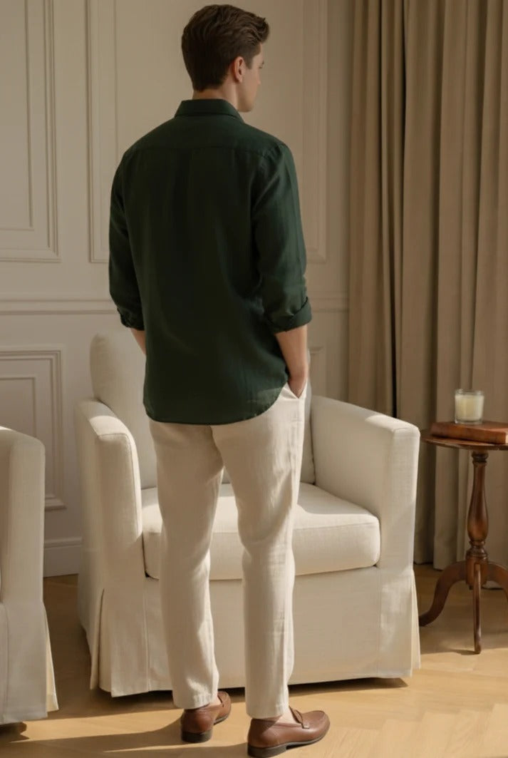 Forest Green Linen Shirt with Off-White Linen Pants – Premium Summer Combo