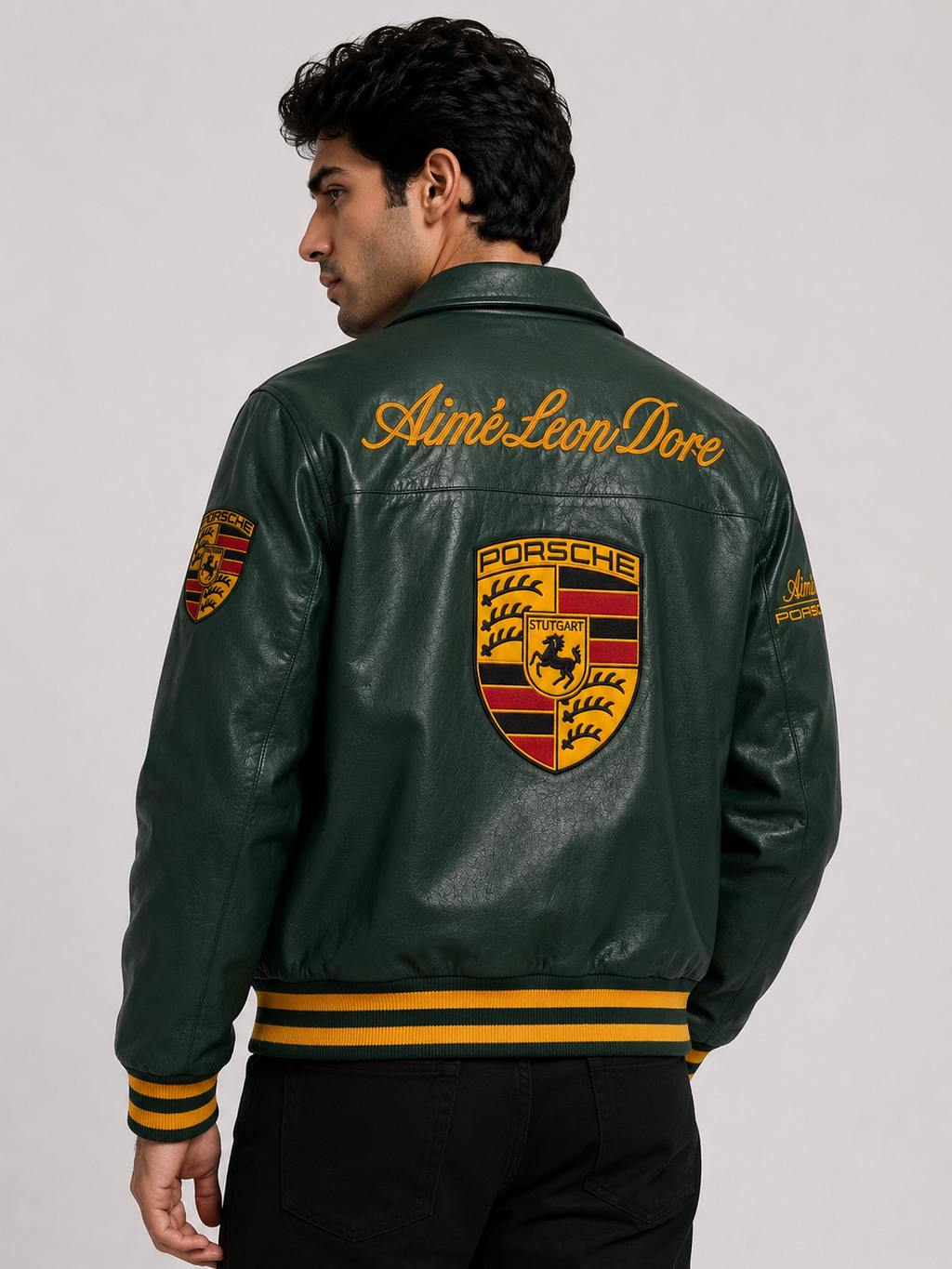Emerald Racing Premium Leather Jacket – Green & Gold Edition