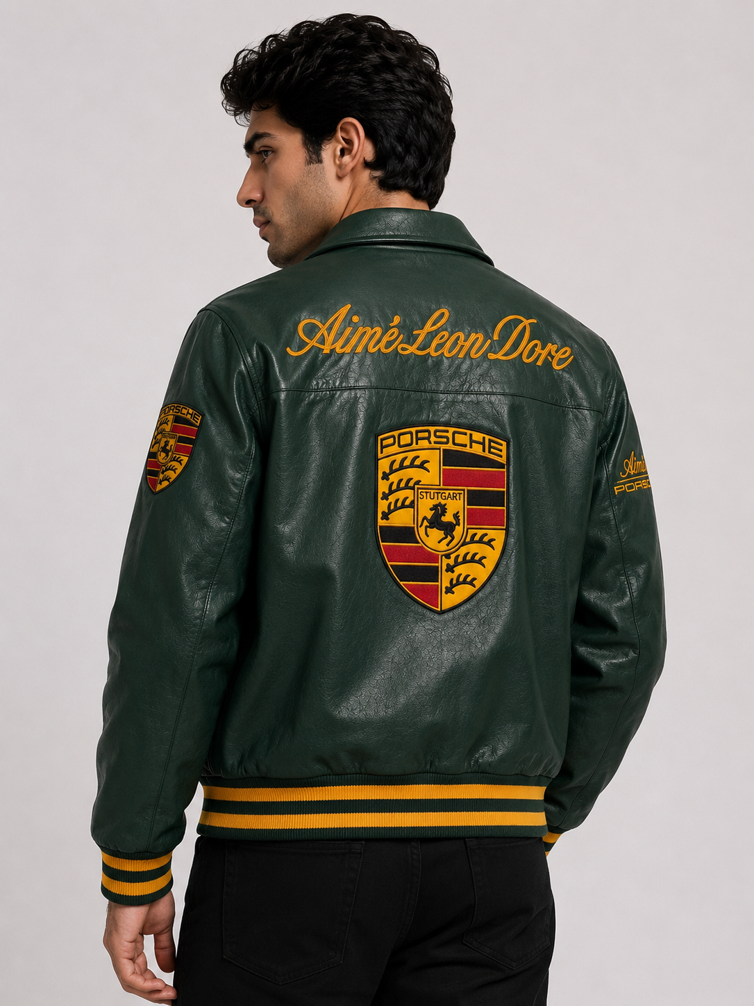 Emerald Racing Premium Leather Jacket – Green & Gold Edition