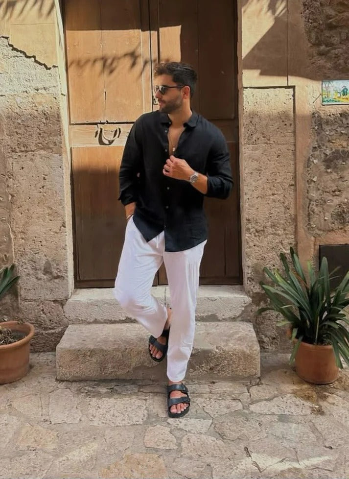 Classic Black Linen Shirt with White Linen Pants – Premium Summer Combo