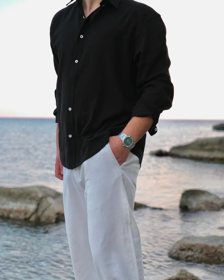 Classic Black Linen Shirt with White Linen Pants – Premium Summer Combo
