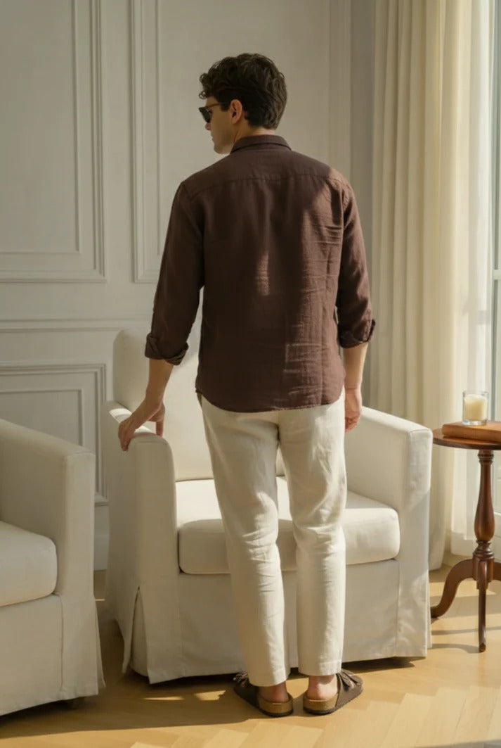 Premium Brown Linen Shirt with Off-White Linen Pants – Summer Casual Combo