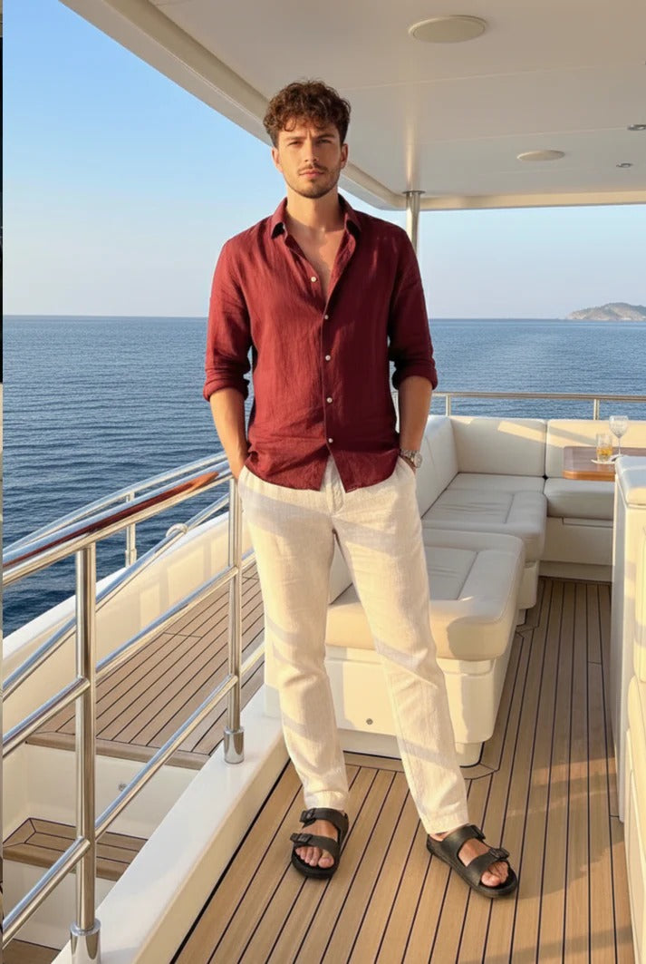 Wine Red Linen Shirt with Beige Linen Pants – Premium Summer Combo