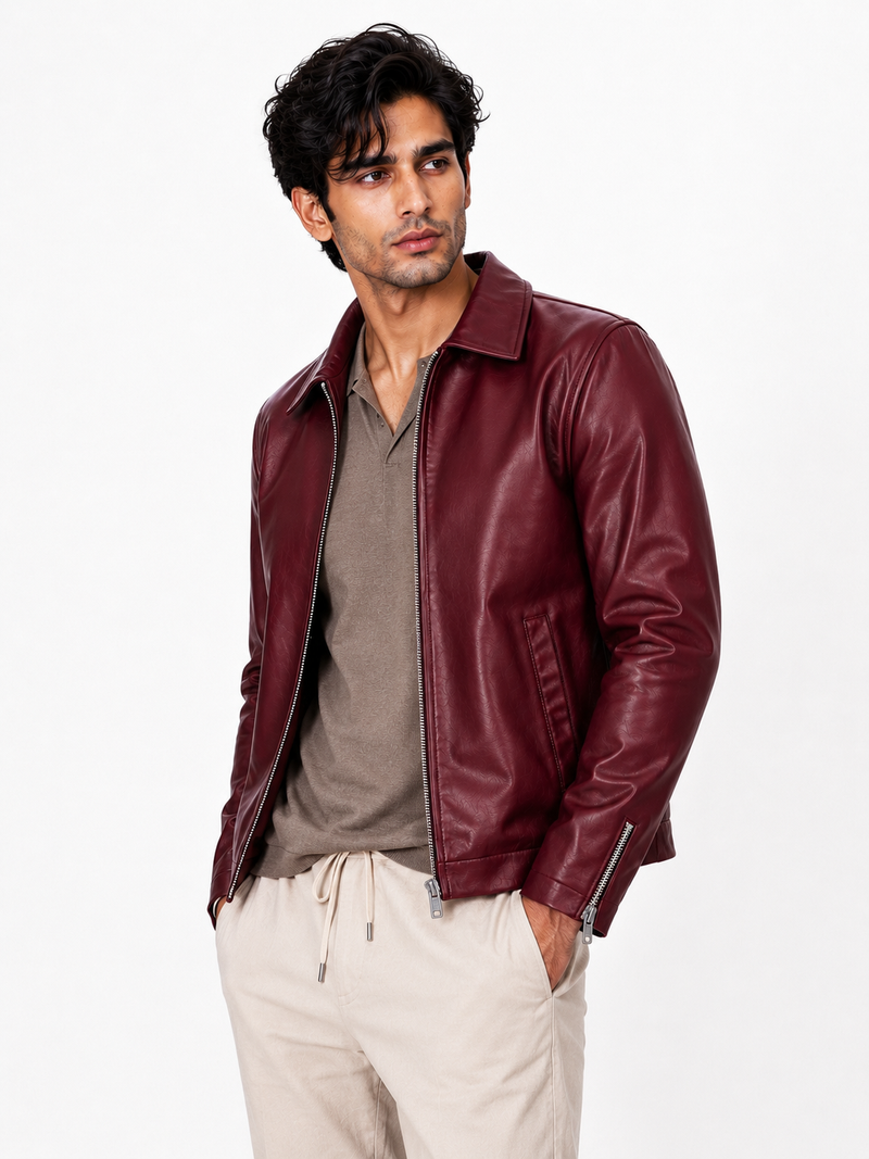 Classic Cherry red Unisex Collar Leather Jacket – City Apparel Premium Collection.