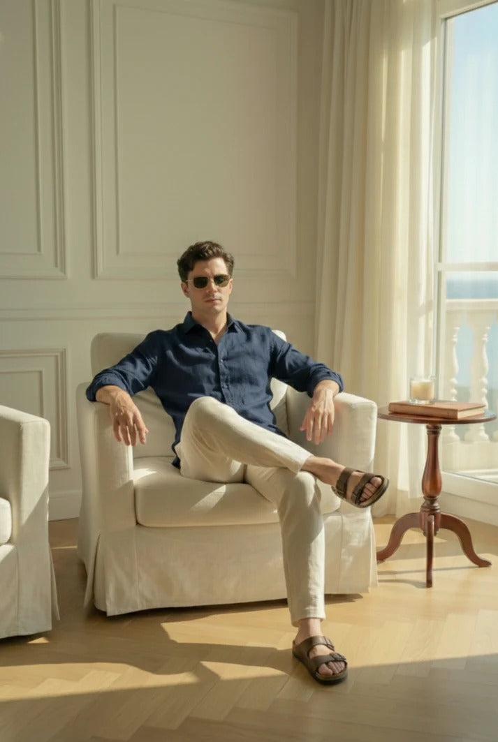 Navy Blue Linen Shirt with Off-White Linen Pants – Premium Summer Combo