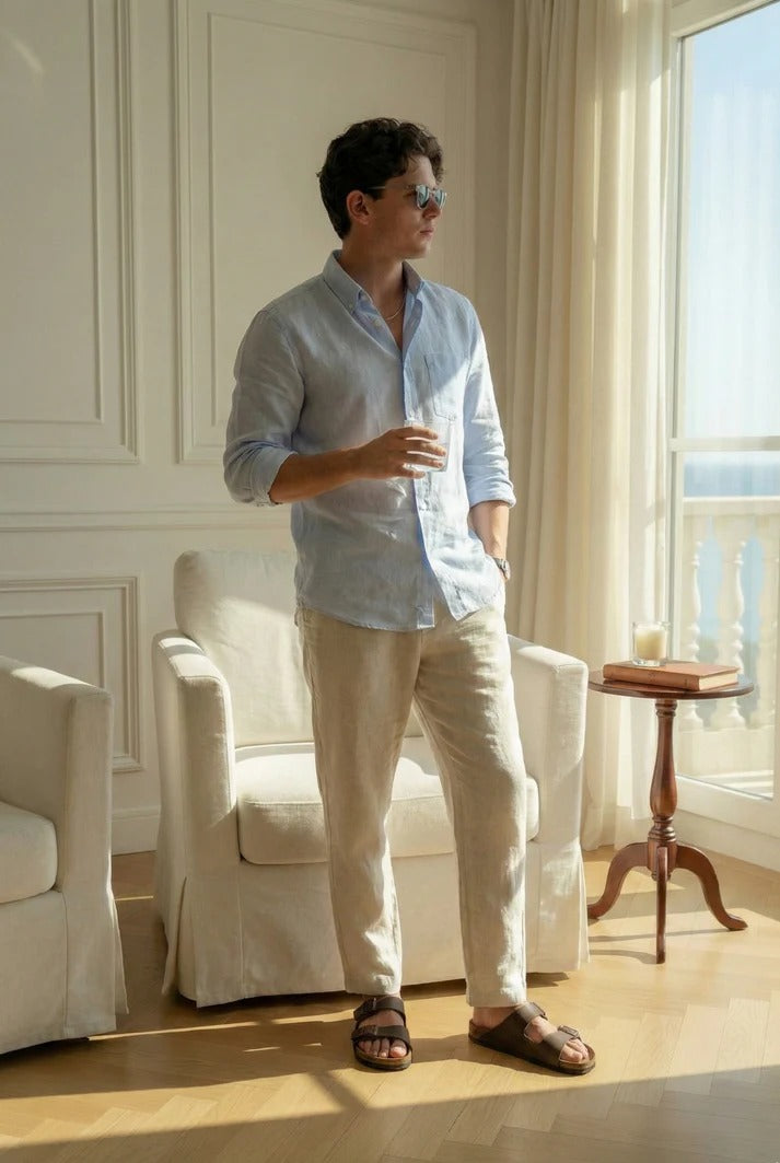 Sky Blue Linen Shirt with Off-White Linen Pants – Premium Summer Combo