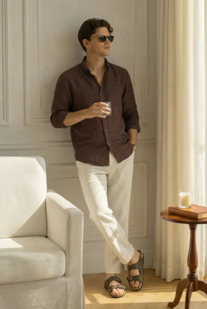 Premium Brown Linen Shirt with Off-White Linen Pants – Summer Casual Combo