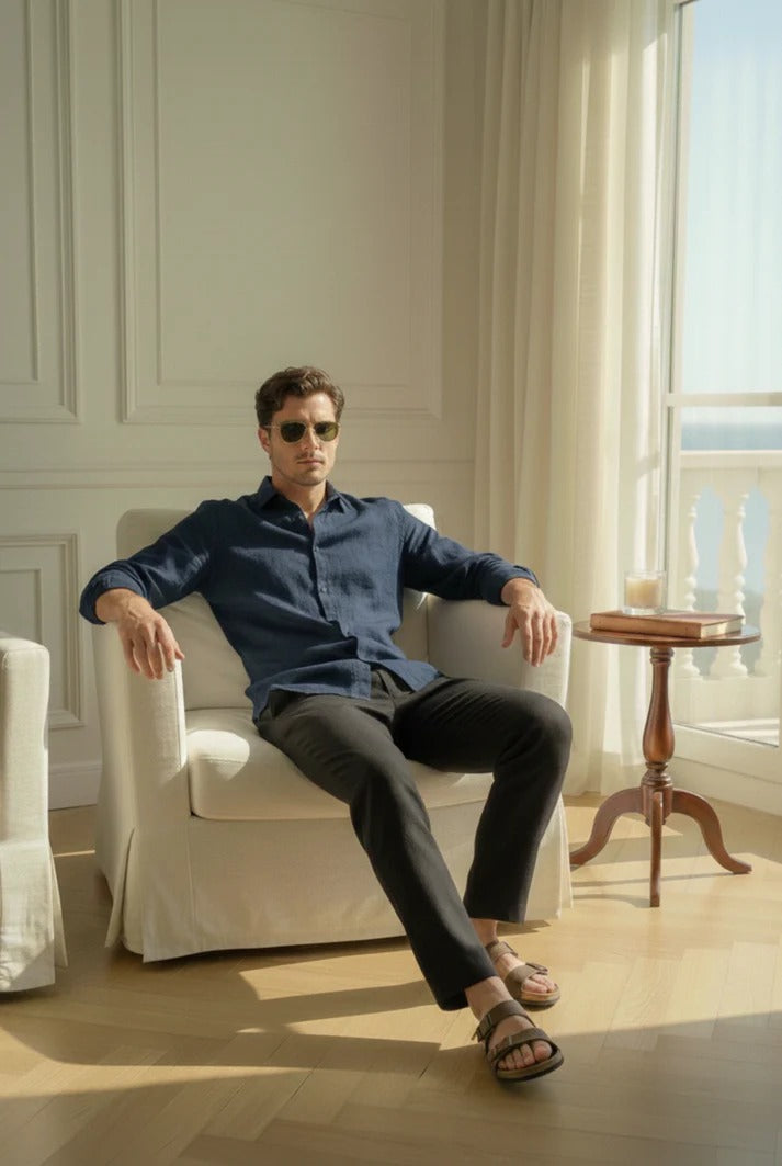 Navy Blue Linen Shirt with Black Linen Pants – Premium Smart Casual Combo