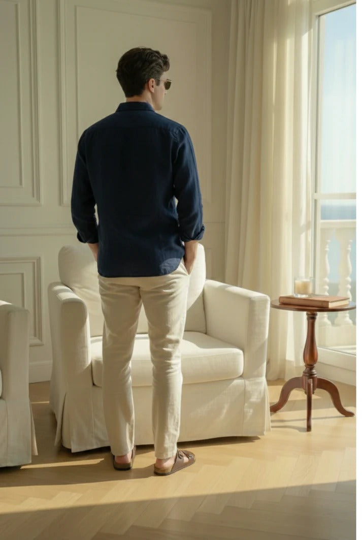 Navy Blue Linen Shirt with Off-White Linen Pants – Premium Summer Combo